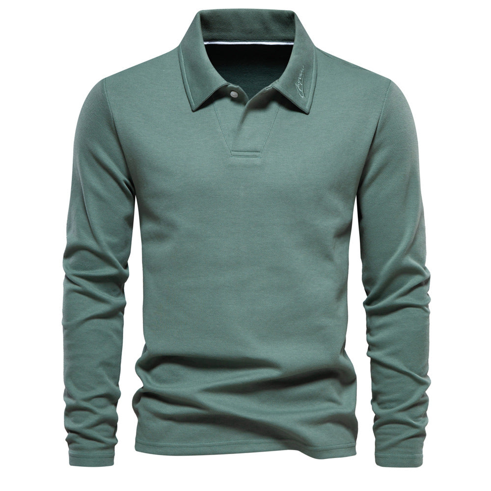 Men's Long Sleeve Polo Shirt - Solid Color Lapel Collar Top