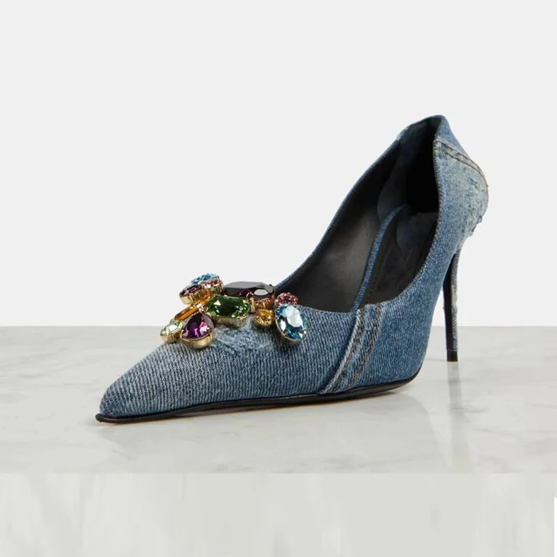 Crystal-embellished Denim High Heel Pumps