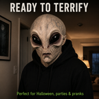 Hyper-realistic alien full head Halloween mask, worn by model