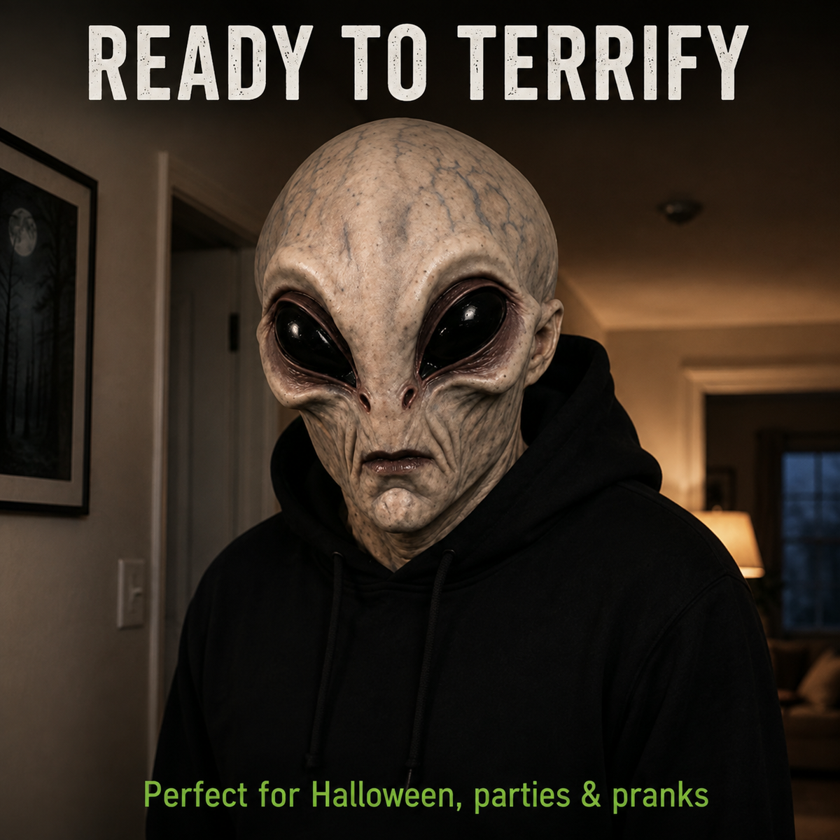 Hyper-realistic alien full head Halloween mask, worn by model