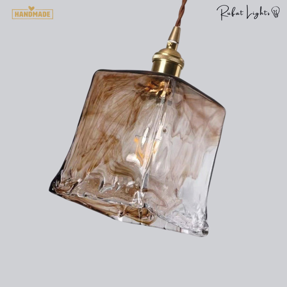 Brass Amber Glass Pendant Light Modern Dining Room Kitchen Island Bar — Pot Cone Dish Cube