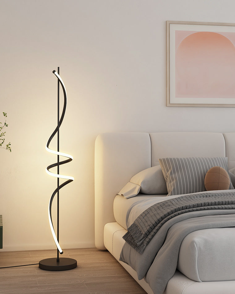 Dimmable Spiral Arc Floor Lamp Sculptural LED Warm White Living Room Bedroom — 3 Finish Options