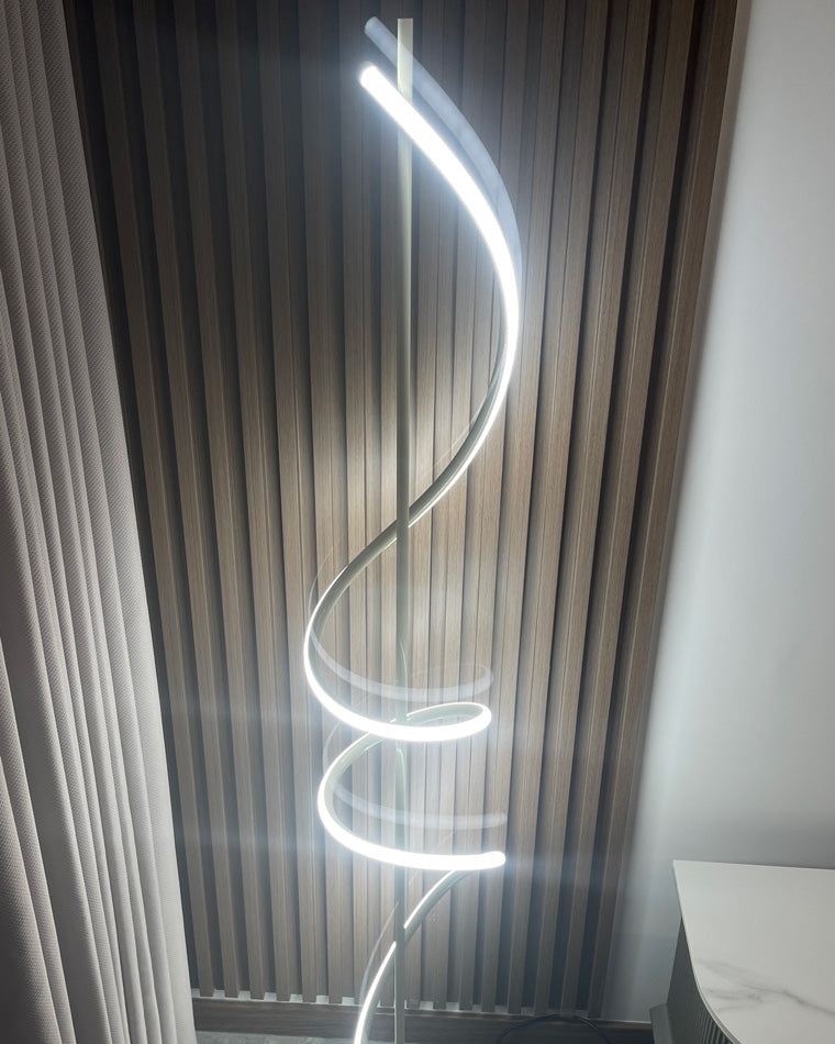 Dimmable Spiral Arc Floor Lamp Sculptural LED Warm White Living Room Bedroom — 3 Finish Options