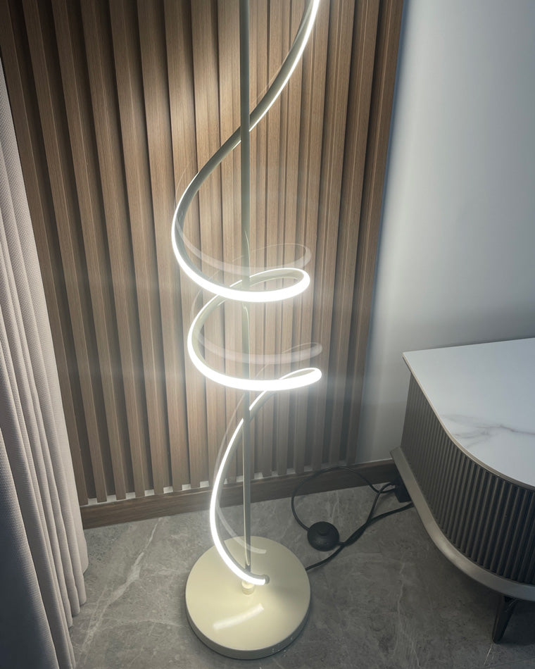 Dimmable Spiral Arc Floor Lamp Sculptural LED Warm White Living Room Bedroom — 3 Finish Options