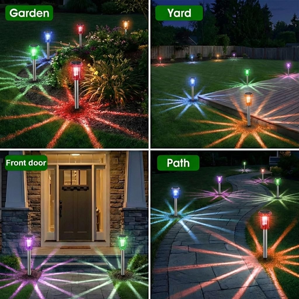 Solar garden stake lights RGB color changing IP65 outdoor — installed in lawn at night