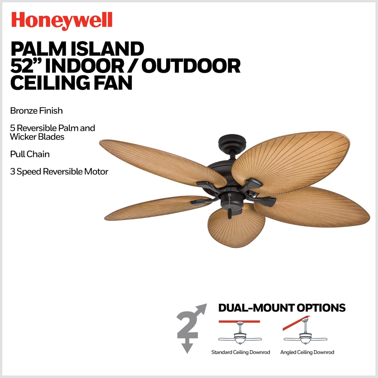 Tropical Palm Leaf Blade Ceiling Fan No Light Damp Rated Outdoor Indoor Pull Chain 52 Inch — Bronze