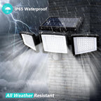 Solar motion security flood light 3-head 182 LED IP65 outdoor — exterior driveway installation