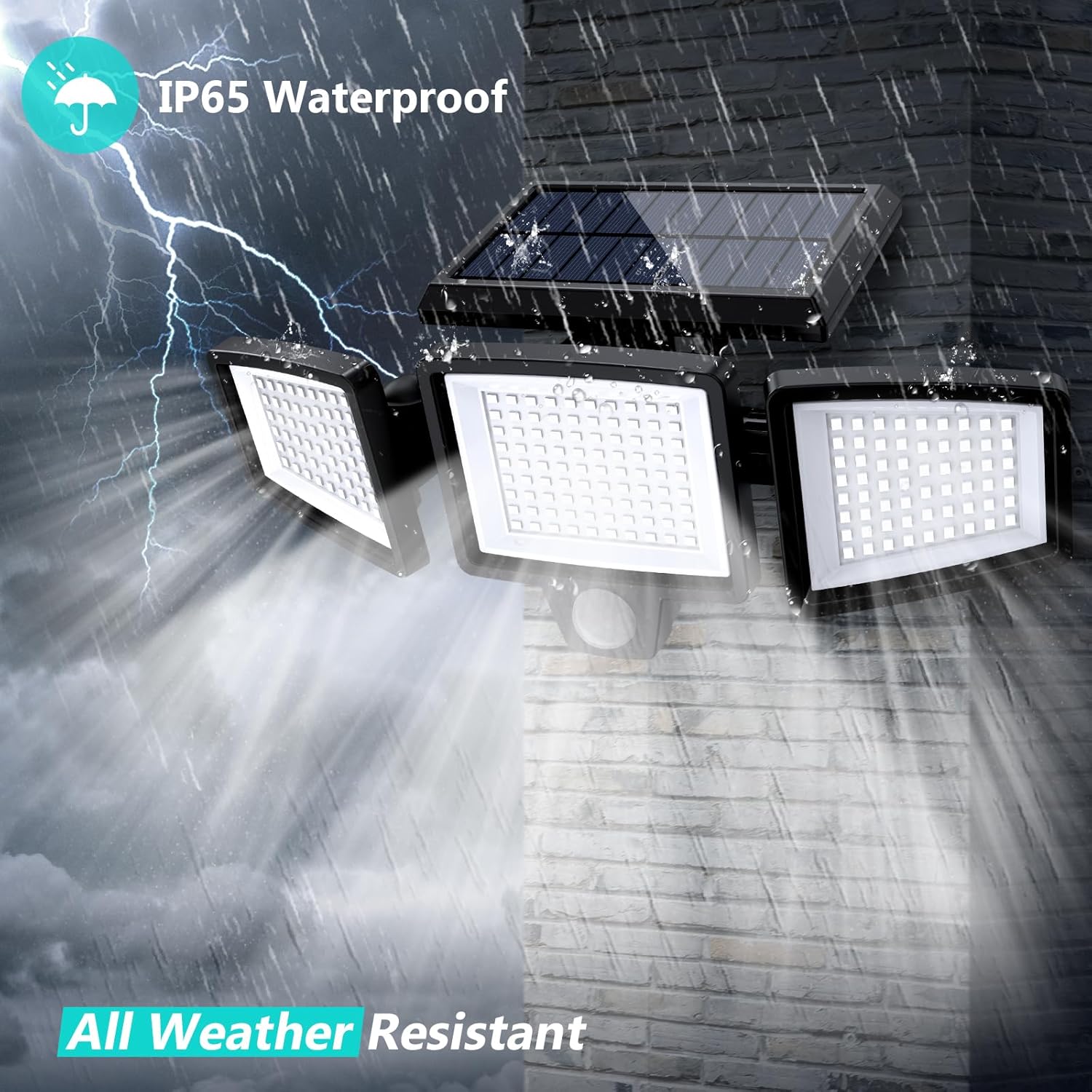 Solar motion security flood light 3-head 182 LED IP65 outdoor — exterior driveway installation