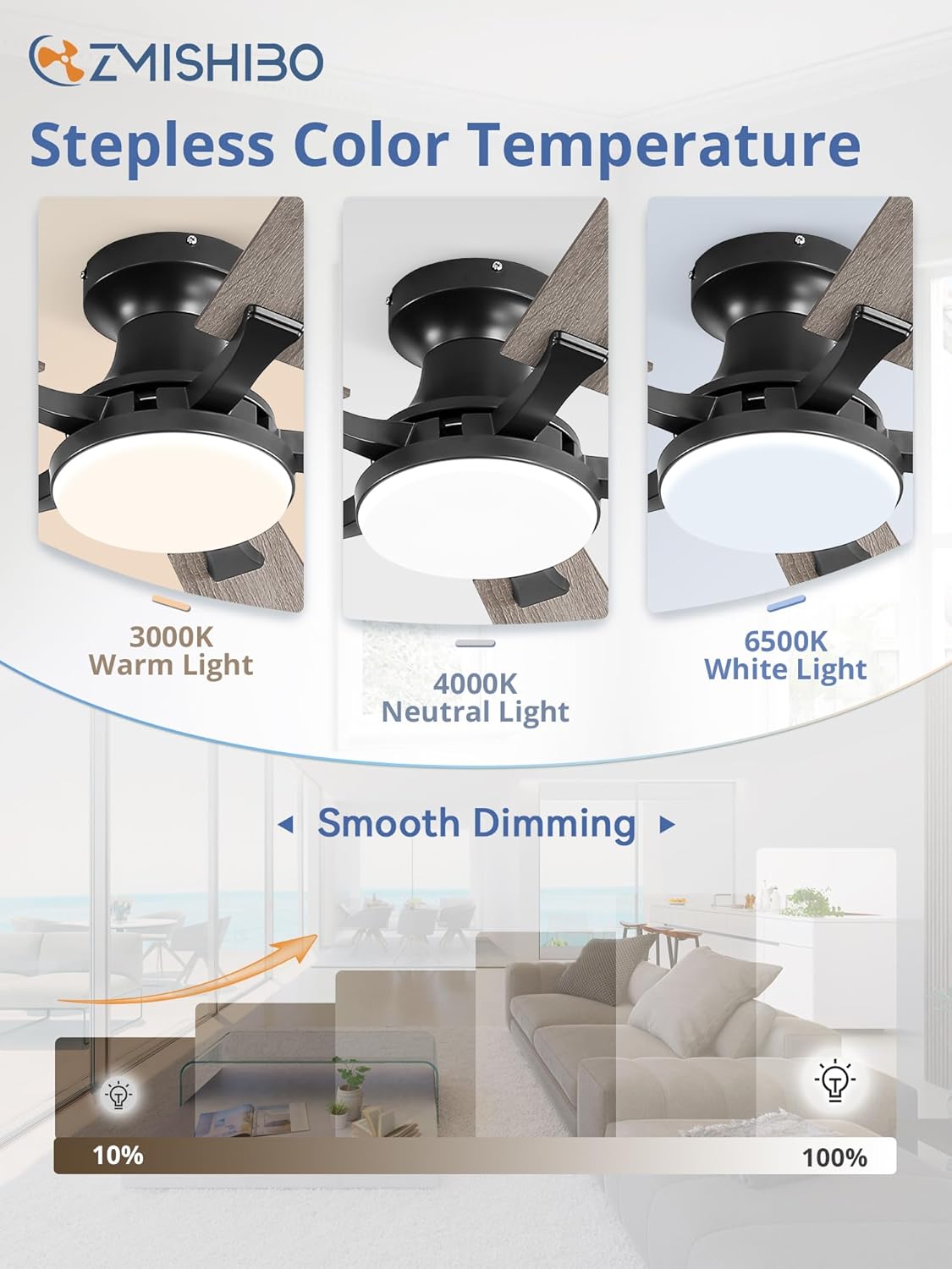 52-Inch Ceiling Fan with LED Light Dimmable App Remote Flush Mount Reversible DC Motor — Black Brown