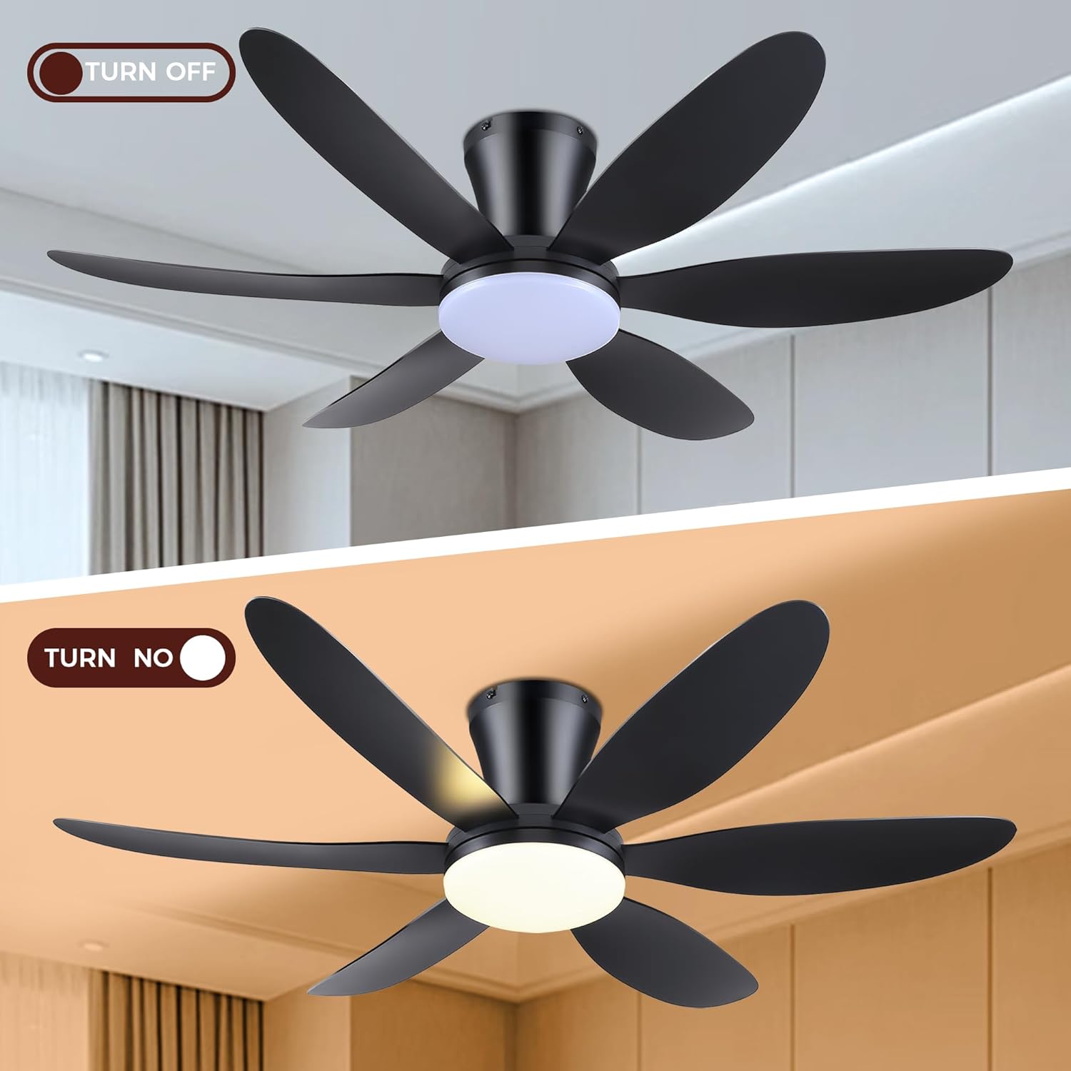 Low Profile Flush Mount Ceiling Fan with LED Light Dimmable Remote Noiseless Bedroom — 36 to 46 Inch