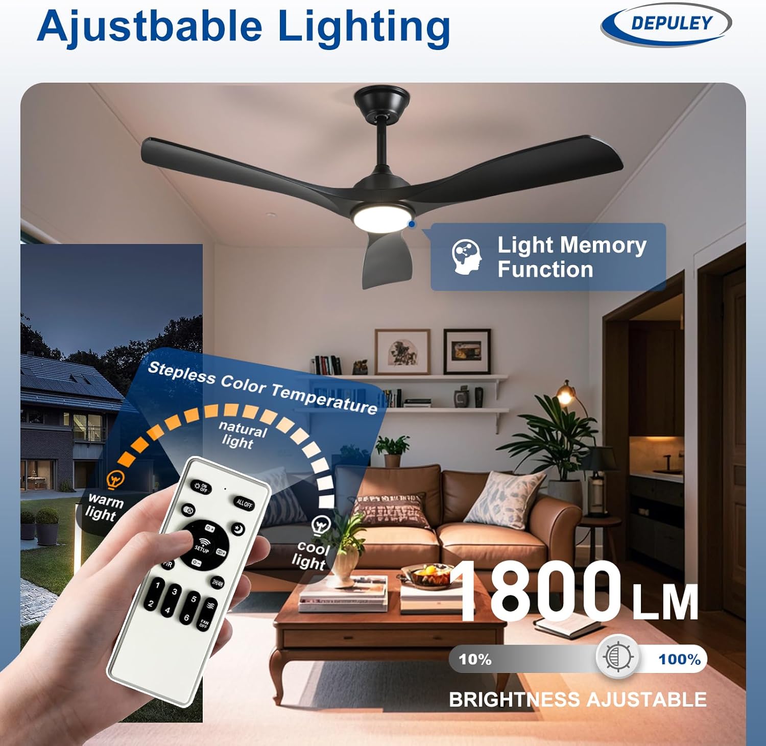 Ceiling Fan with LED Light 6-Speed DC Motor Indoor Outdoor Remote Dimmable — Black Walnut 42 to 52 Inch