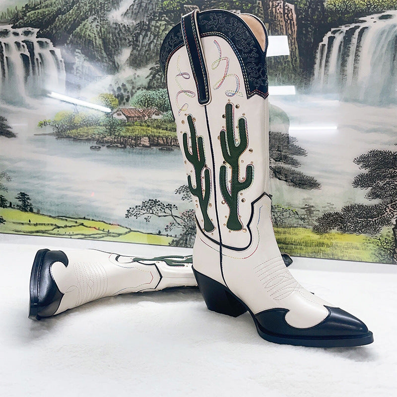 Women's Cactus Embroidered Western Cowboy Boots - Chunky Heel Mid-Calf Vintage