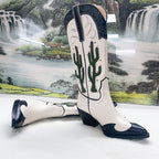 Women's Cactus Embroidered Western Cowboy Boots - Chunky Heel Mid-Calf Vintage