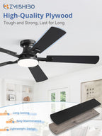 52-Inch Ceiling Fan with LED Light Dimmable App Remote Flush Mount Reversible DC Motor — Black Brown