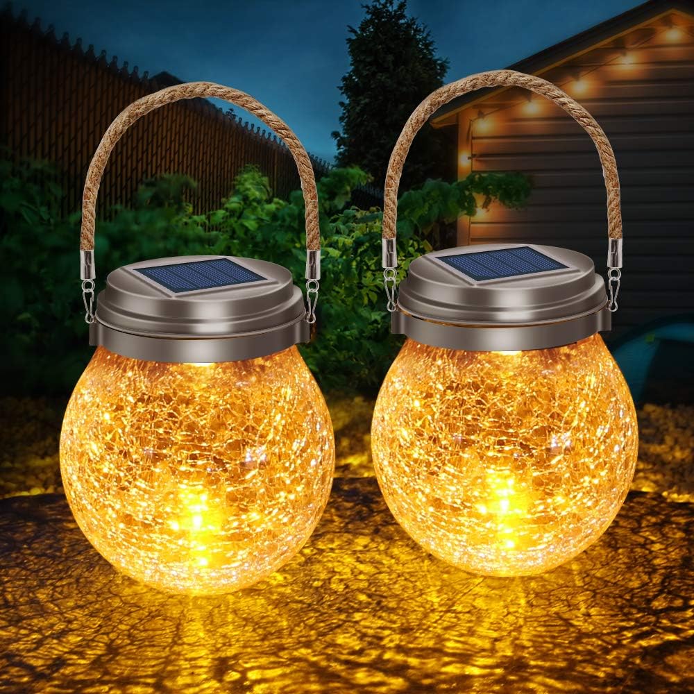 Solar hanging outdoor lantern warm amber LED waterproof garden — evening lifestyle garden setting