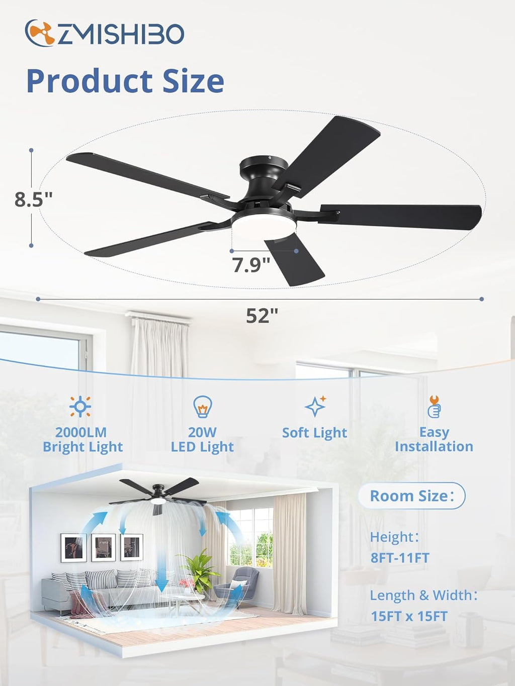 52-Inch Ceiling Fan with LED Light Dimmable App Remote Flush Mount Reversible DC Motor — Black Brown
