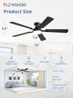 52-Inch Ceiling Fan with LED Light Dimmable App Remote Flush Mount Reversible DC Motor — Black Brown