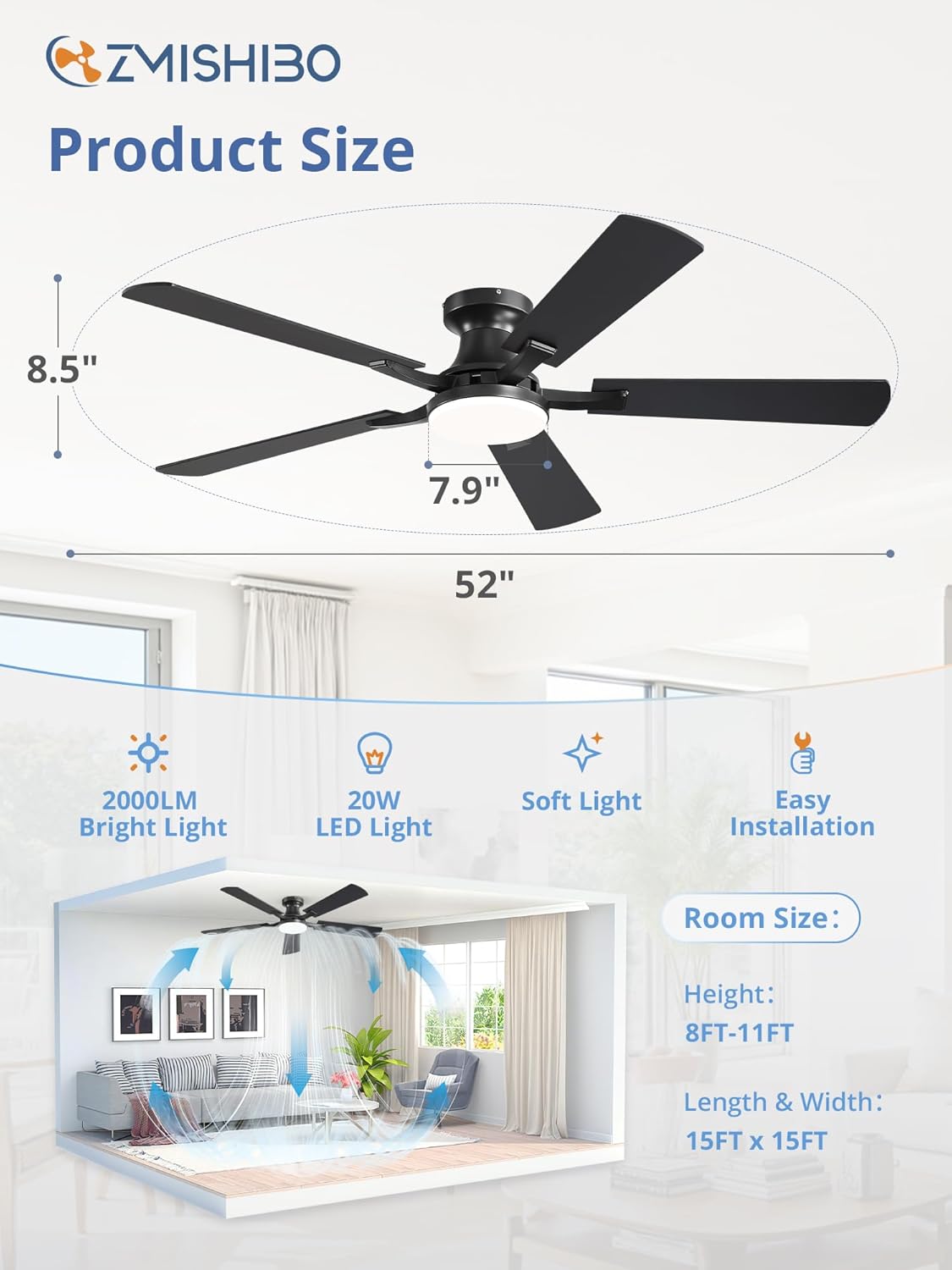 52-Inch Ceiling Fan with LED Light Dimmable App Remote Flush Mount Reversible DC Motor — Black Brown