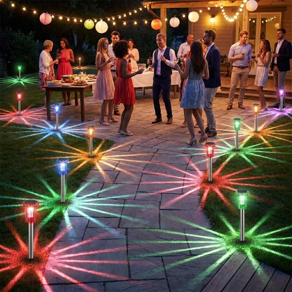 Solar garden stake lights RGB IP65 outdoor lawn — multicolor illumination display