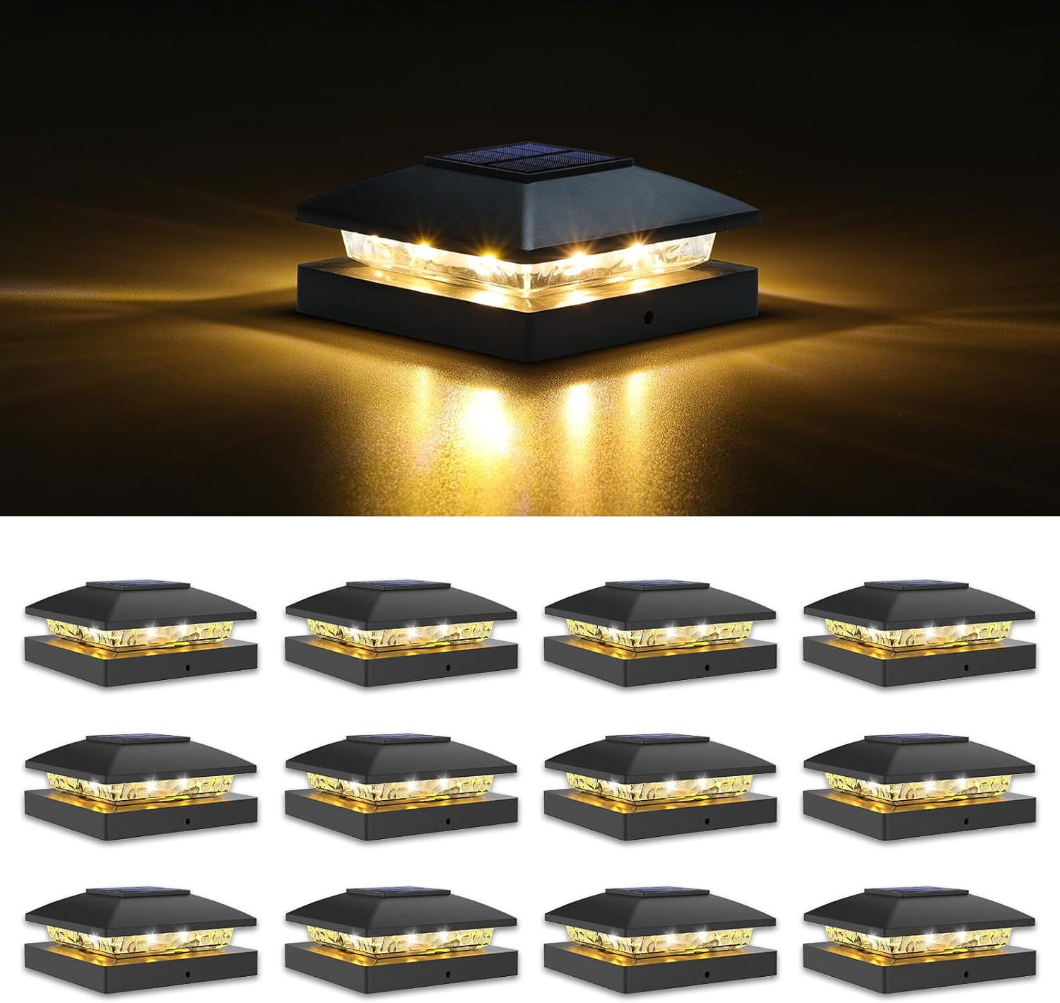 Solar fence post cap lights warm amber LED waterproof outdoor 4x4 inch — 10, 16 and 20-pack