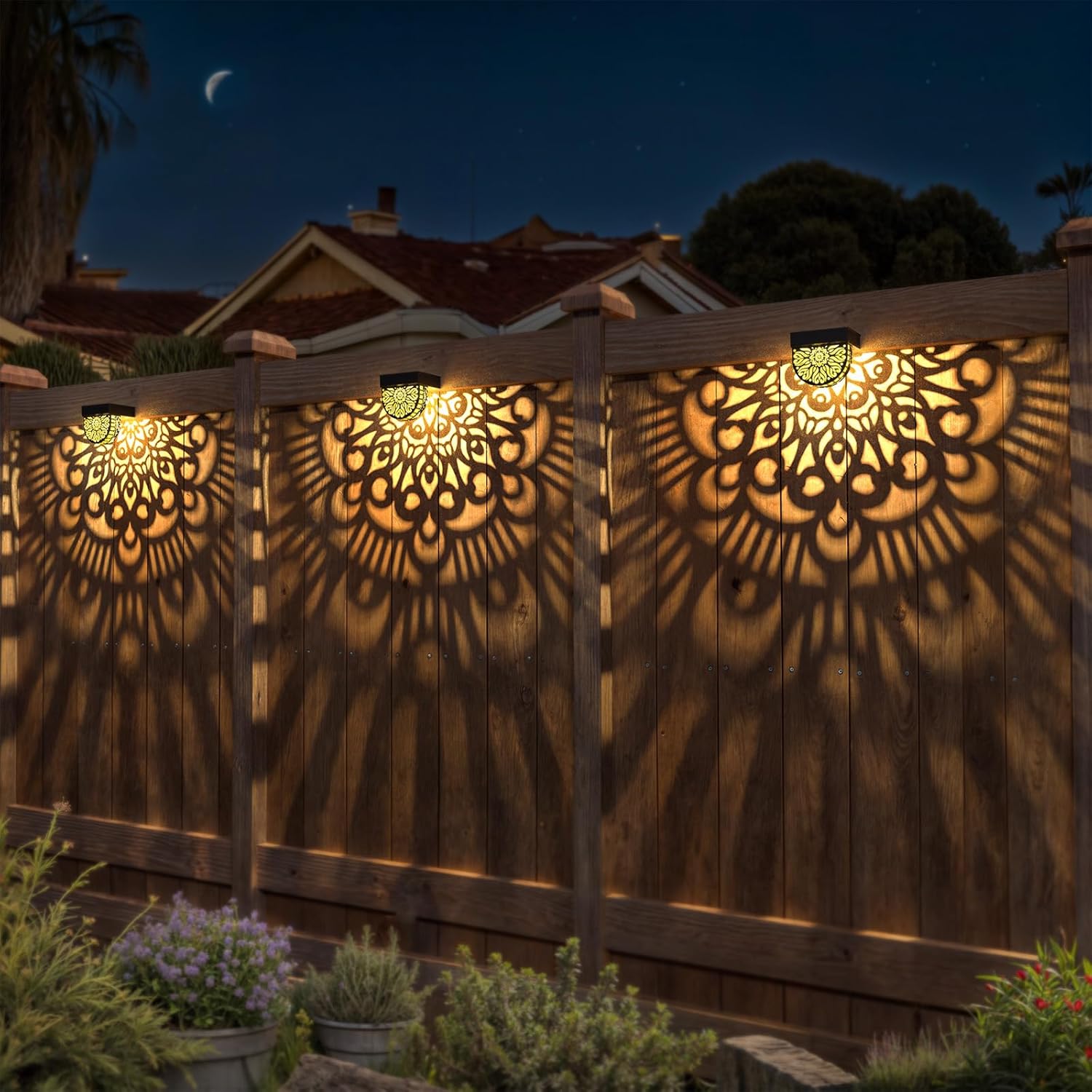 Solar mandala decorative wall light metal waterproof outdoor fence — installed on garden fence