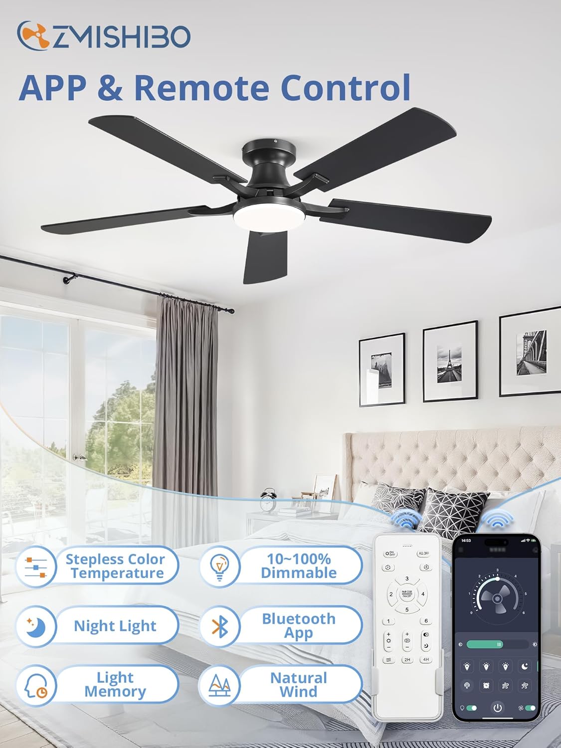 52-Inch Ceiling Fan with LED Light Dimmable App Remote Flush Mount Reversible DC Motor — Black Brown