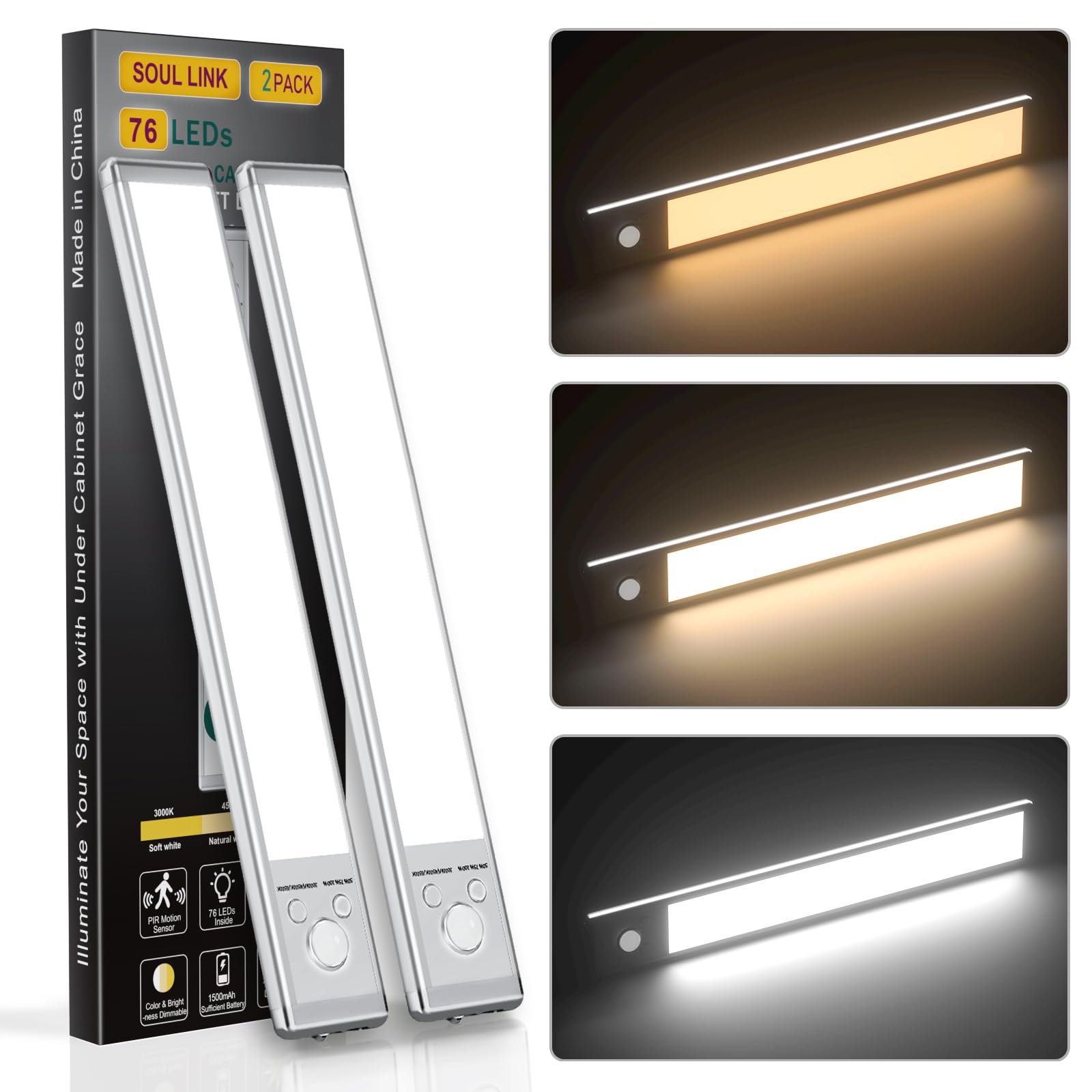 Under cabinet lights 76 LED motion sensor USB rechargeable magnetic dimmable 2-pack 9.5 inch