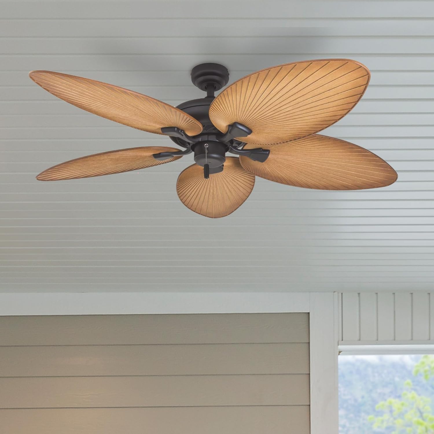 Tropical Palm Leaf Blade Ceiling Fan No Light Damp Rated Outdoor Indoor Pull Chain 52 Inch — Bronze