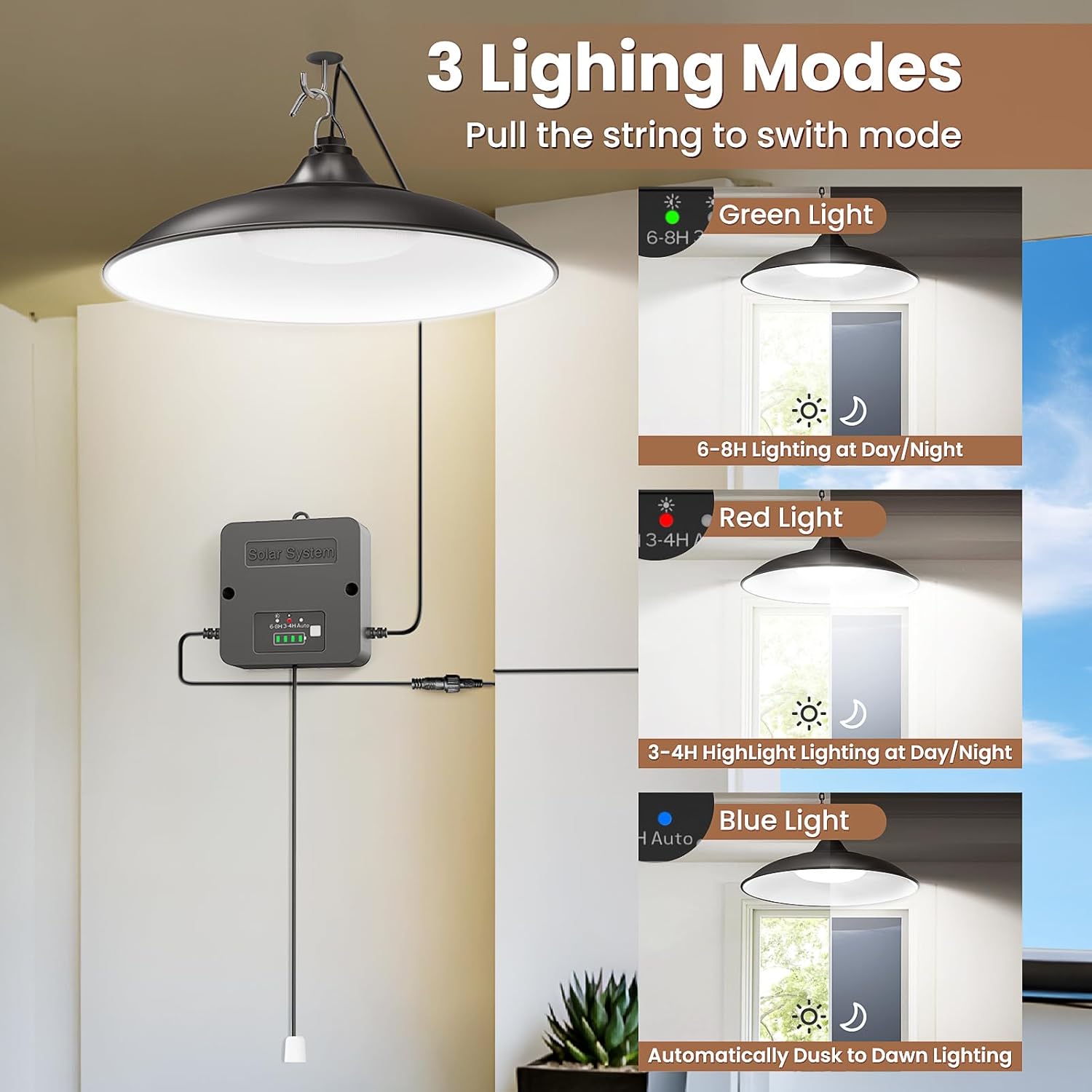 Solar shed garage pendant light indoor outdoor motion sensor IP65 — 1-pack 2-pack 3-pack options