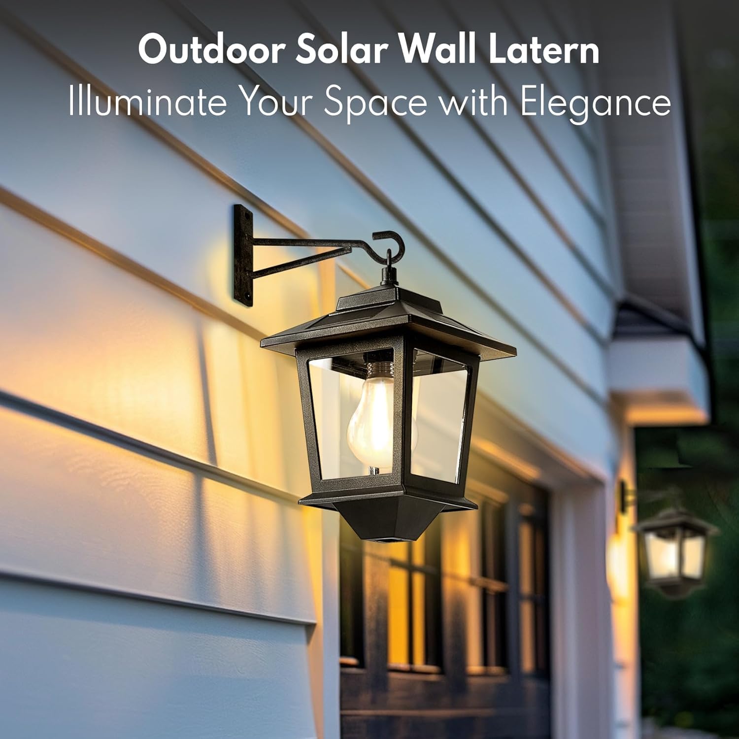 Solar dusk to dawn porch light warm amber auto on off outdoor wall lantern — installed on porch wall