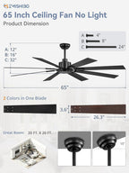 Large Ceiling Fan No Light 8-Blade Reversible DC Motor 6-Speed Indoor Outdoor Patio Living Room Garage — 52 to 72 Inch