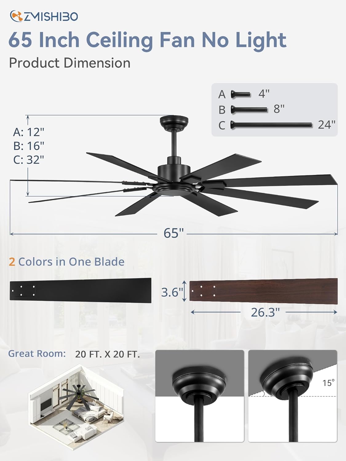 Large Ceiling Fan No Light 8-Blade Reversible DC Motor 6-Speed Indoor Outdoor Patio Living Room Garage — 52 to 72 Inch