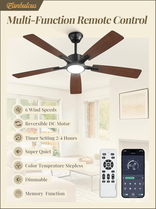 6-Speed DC Motor Ceiling Fan Stepless Color Temperature Dimmable 20W LED Reversible Bedroom — 42 to 60 Inch