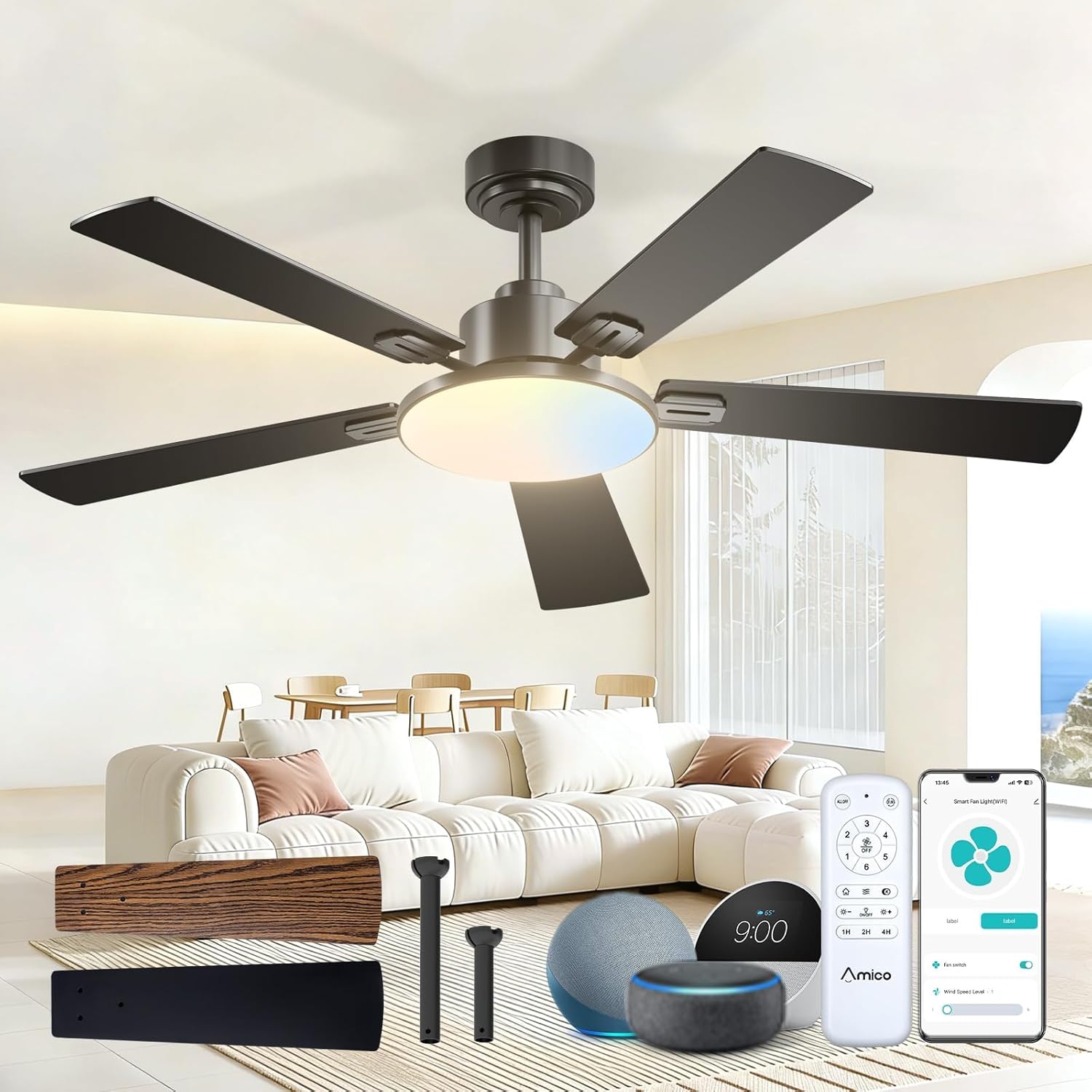Smart WiFi ceiling fan app Alexa Google control 3CCT dimmable LED 6-speed DC motor — black white 52 to 60 inch
