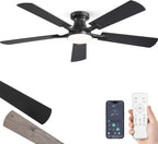 52-inch ceiling fan with LED light dimmable app remote flush mount reversible DC motor — black brown