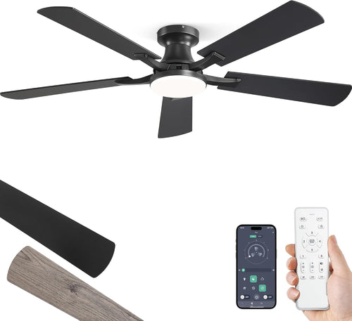 52-inch ceiling fan with LED light dimmable app remote flush mount reversible DC motor — black brown