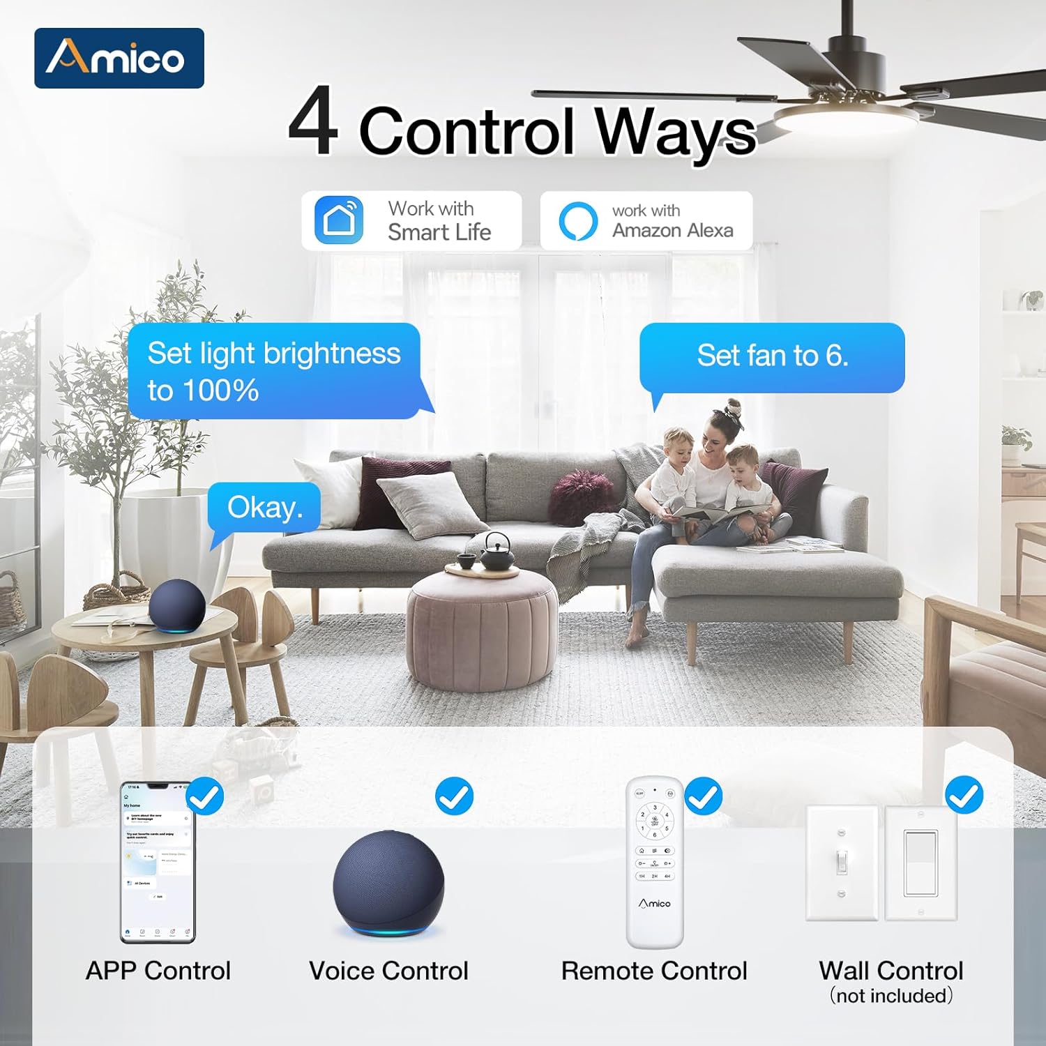Smart WiFi Ceiling Fan with LED Light App Alexa Google Control 3CCT Dimmable 6-Speed DC Motor — 52 to 60 Inch