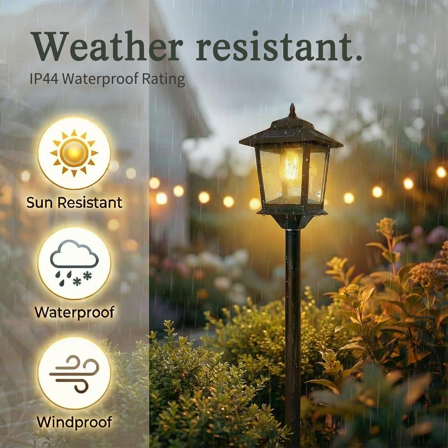 Solar post lantern driveway warm white waterproof outdoor curb appeal — illuminated at dusk