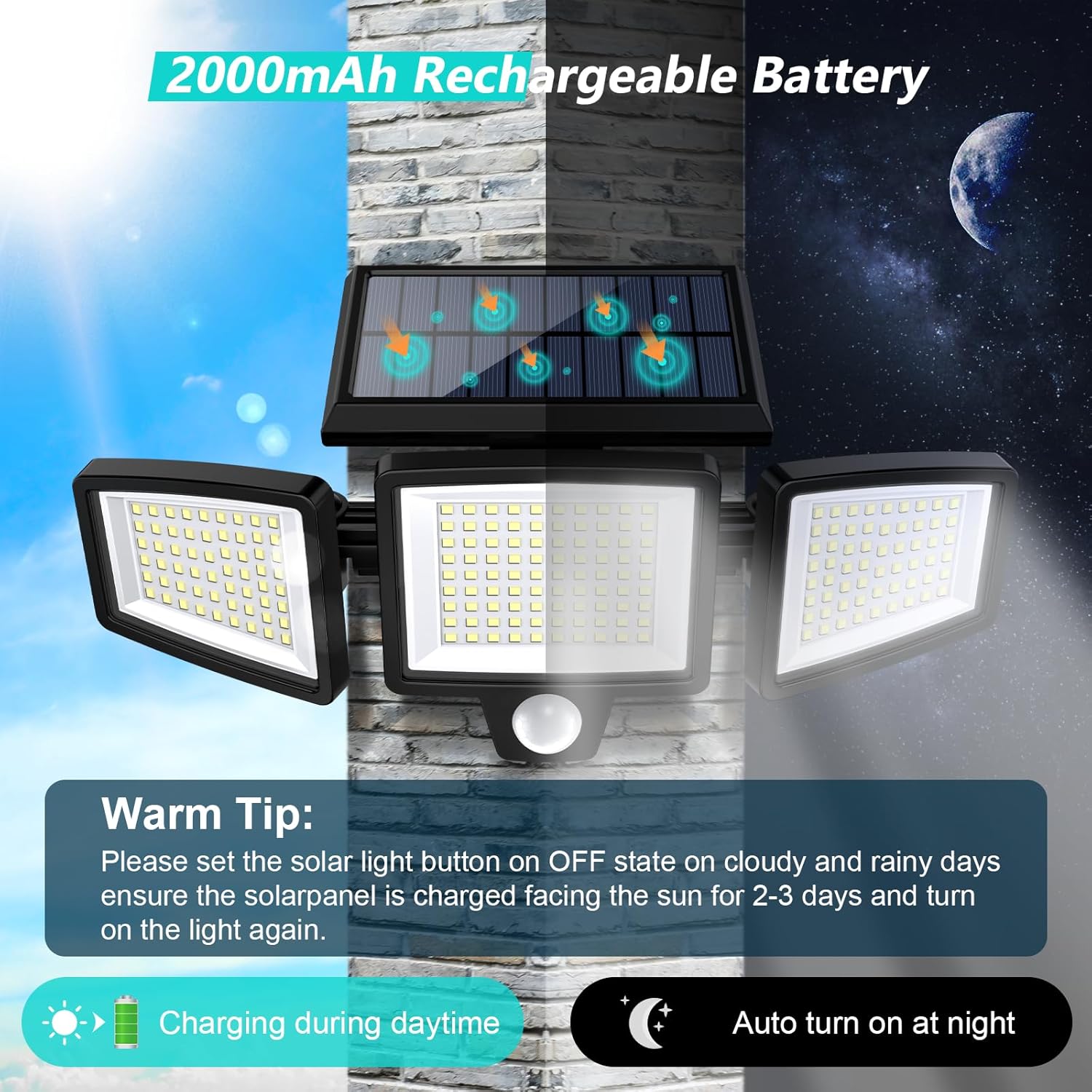 Solar motion security flood light 3-head 182 LED IP65 outdoor — bright white illumination at night