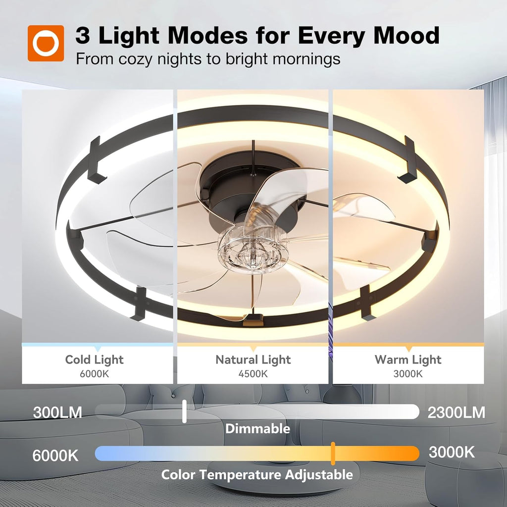 Small Flush Mount Ceiling Fan with LED Light 3000-6000K Dimmable Remote Fandelier Bedroom Kitchen — 20 to 24 Inch