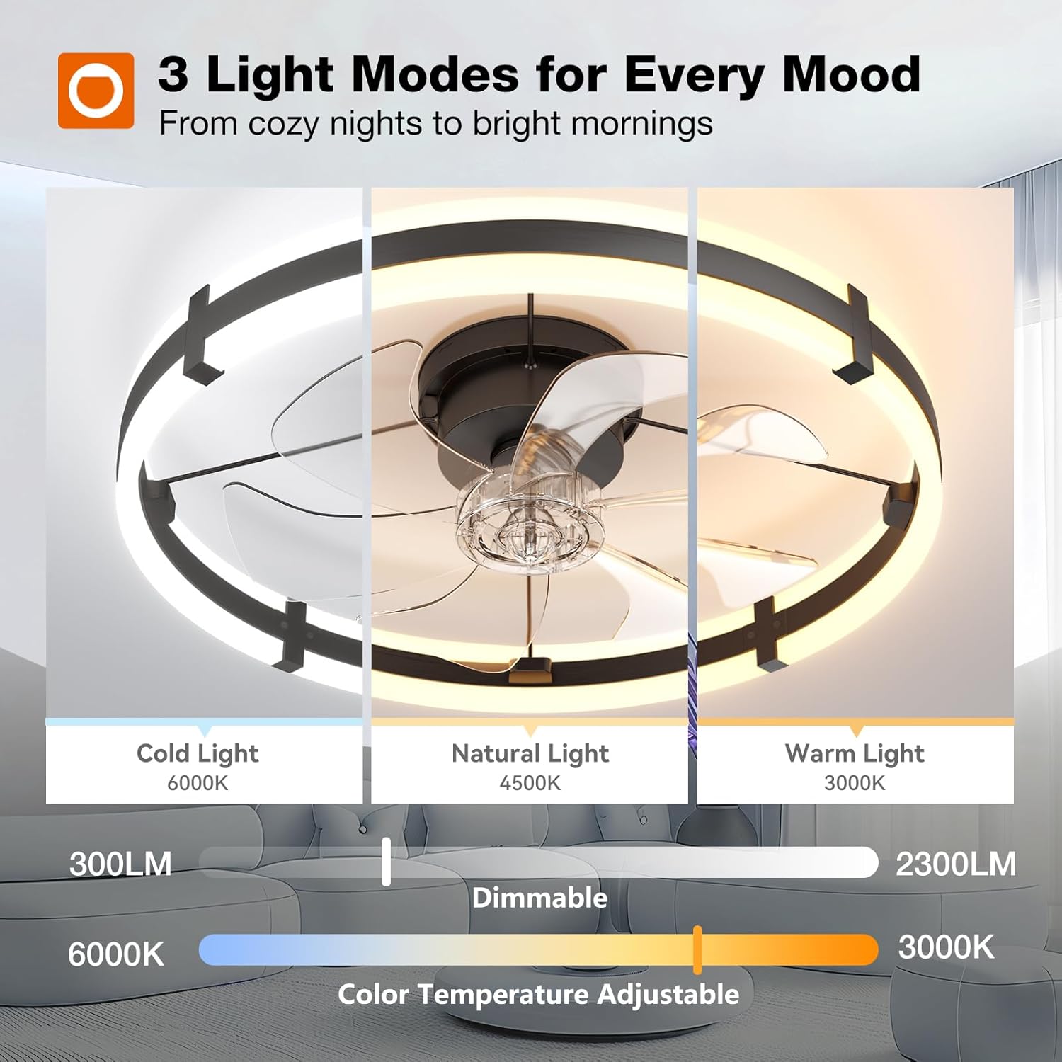 Small Flush Mount Ceiling Fan with LED Light 3000-6000K Dimmable Remote Fandelier Bedroom Kitchen — 20 to 24 Inch