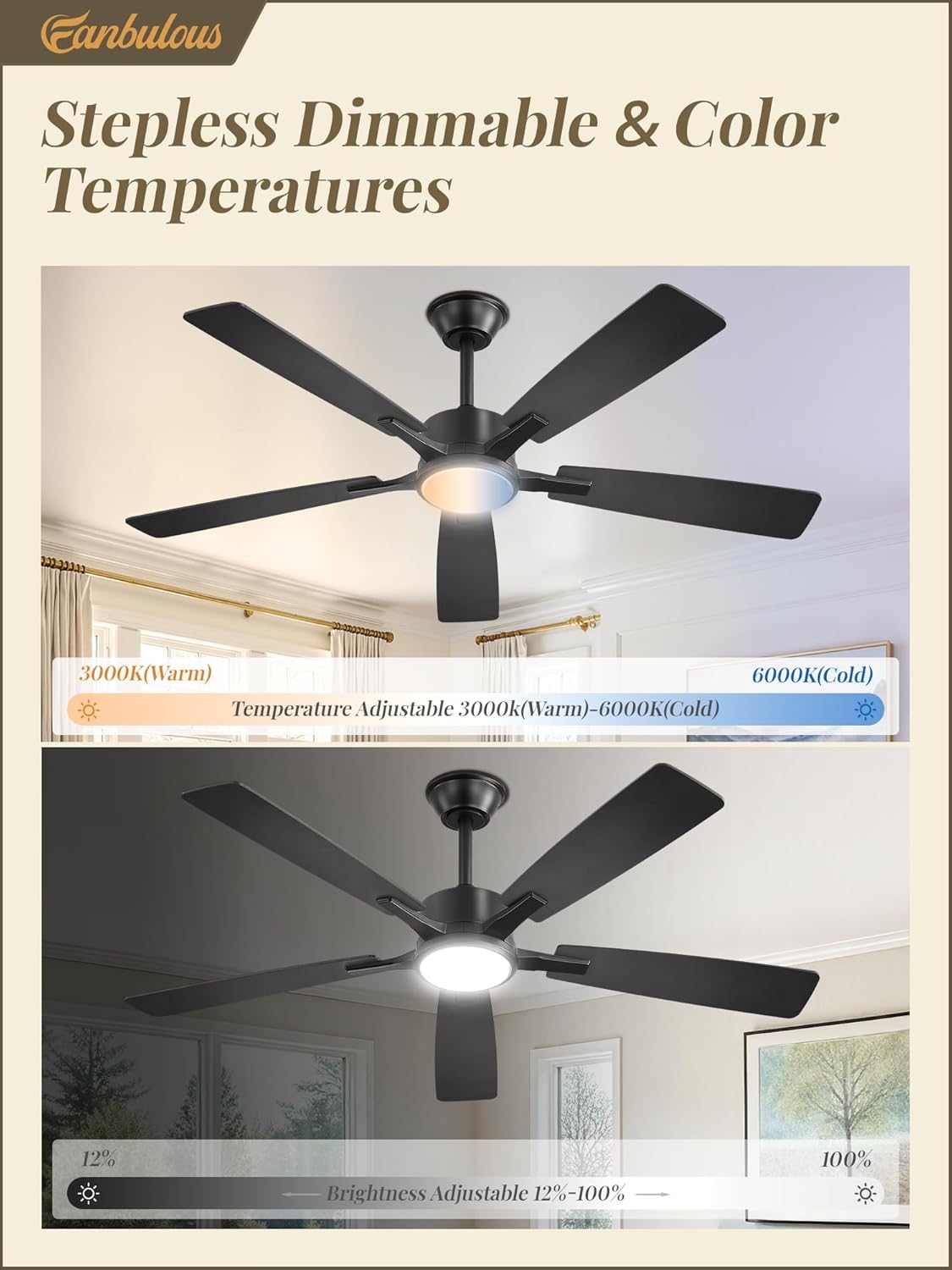 6-Speed DC Motor Ceiling Fan Stepless Color Temperature Dimmable 20W LED Reversible Bedroom — 42 to 60 Inch