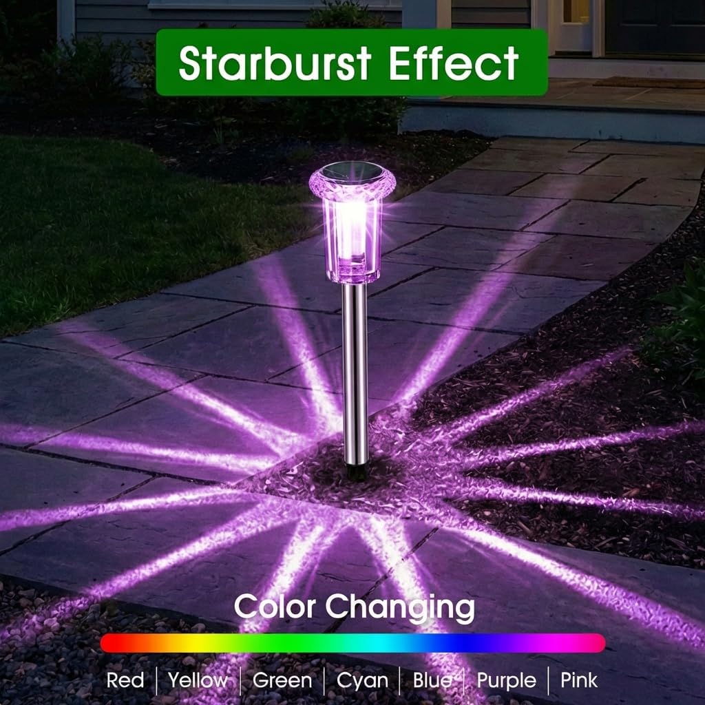 Solar garden stake lights RGB color changing IP65 outdoor lawn — color modes close-up