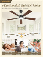 6-Speed DC Motor Ceiling Fan Stepless Color Temperature Dimmable 20W LED Reversible Bedroom — 42 to 60 Inch