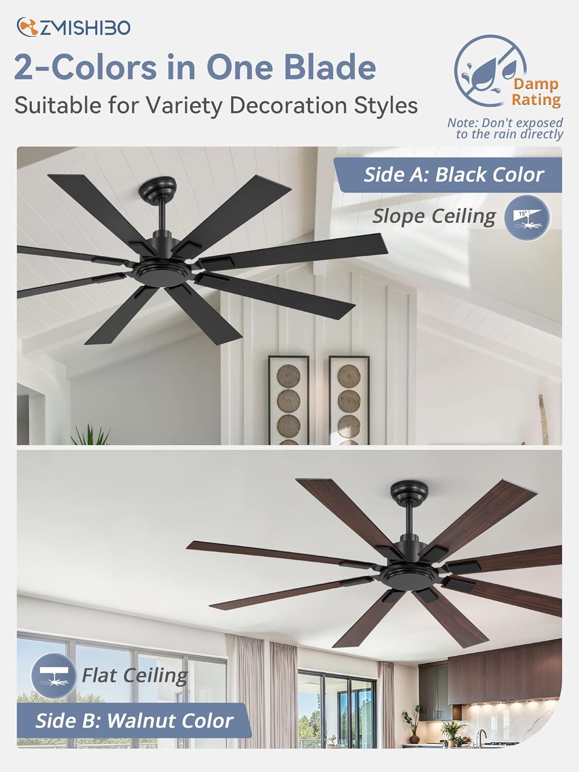 Large Ceiling Fan No Light 8-Blade Reversible DC Motor 6-Speed Indoor Outdoor Patio Living Room Garage — 52 to 72 Inch