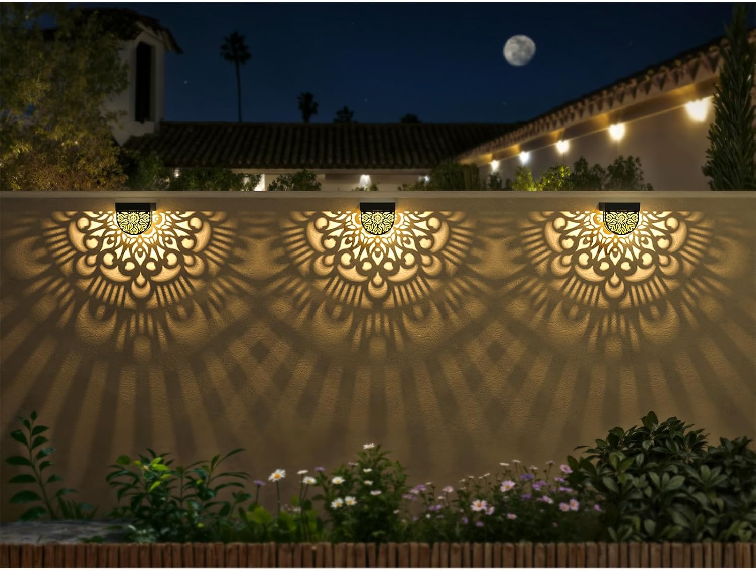 Solar mandala decorative wall light metal waterproof outdoor — illuminated mandala at night