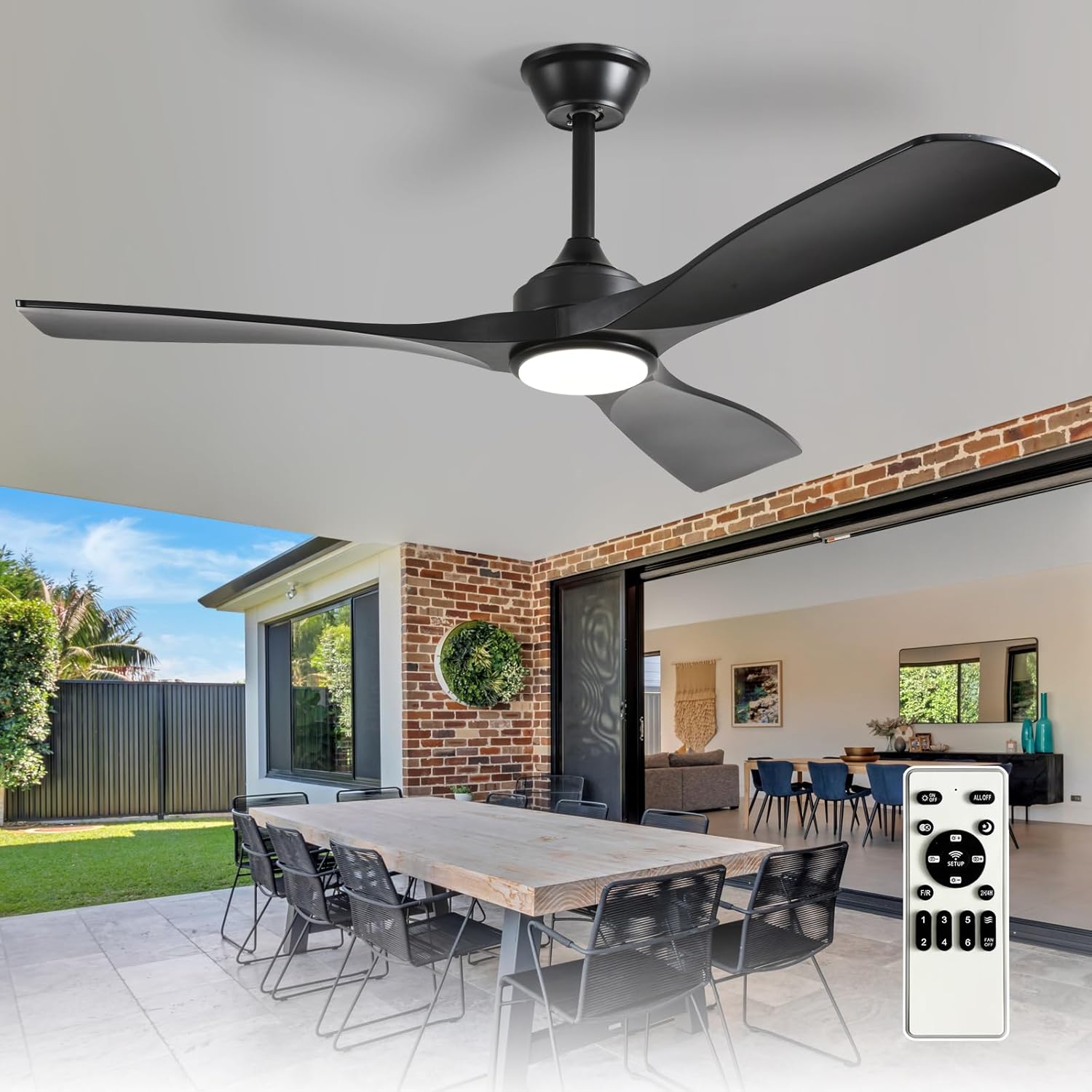 Ceiling fan with LED light 6-speed DC motor indoor outdoor remote dimmable — black walnut 42 to 52 inch