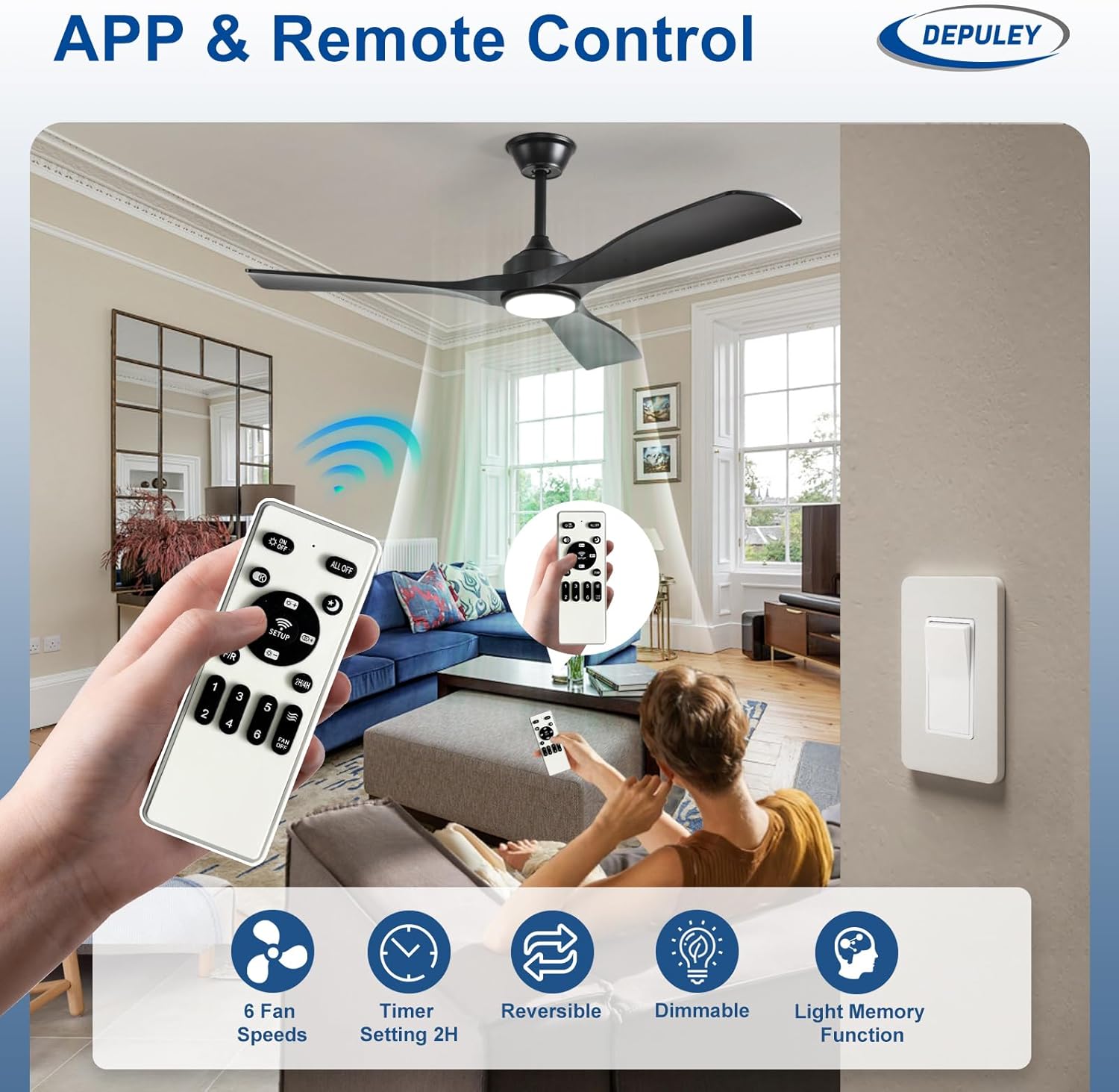 Ceiling Fan with LED Light 6-Speed DC Motor Indoor Outdoor Remote Dimmable — Black Walnut 42 to 52 Inch
