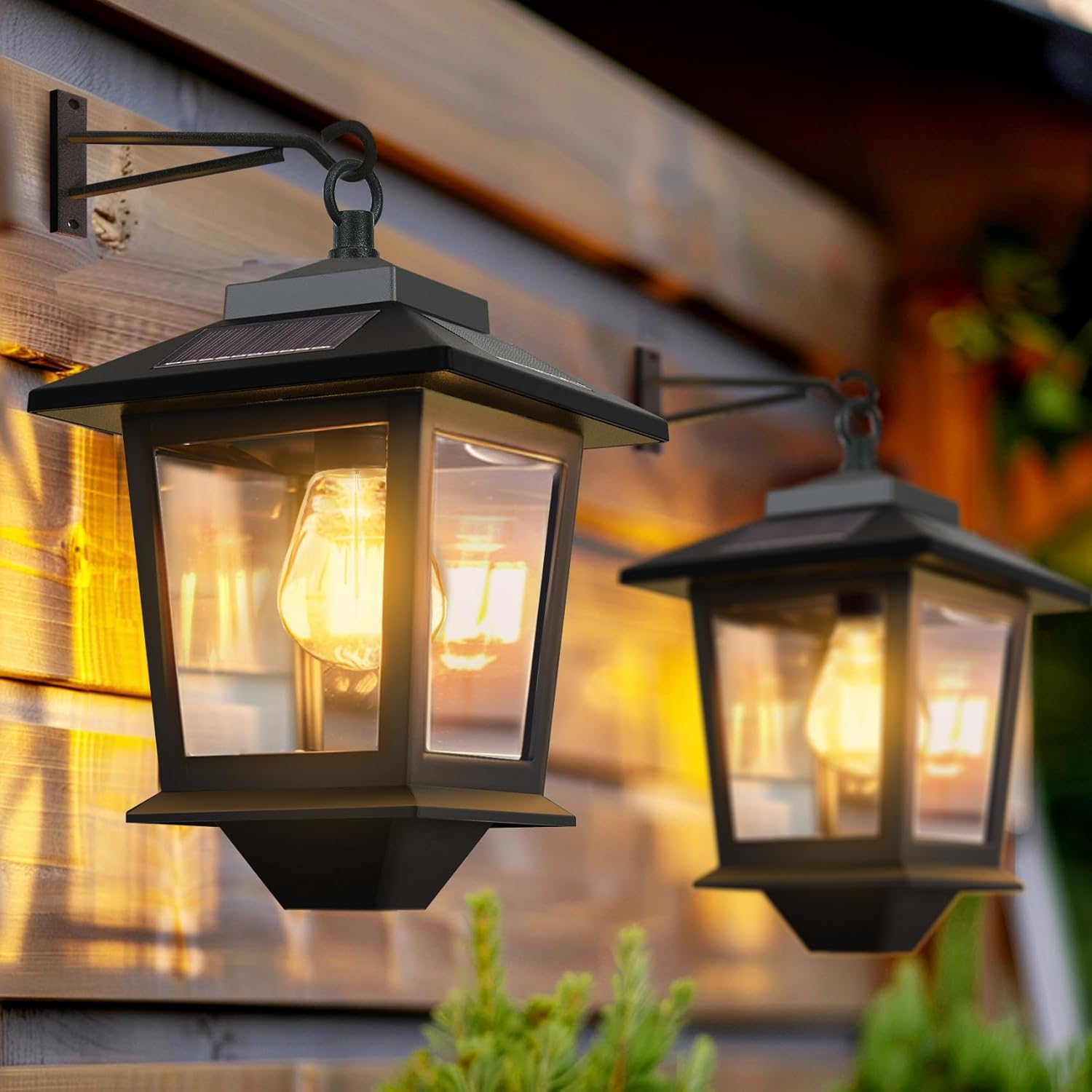 Solar dusk to dawn porch light warm amber auto on off outdoor wall lantern — 1, 2 and 4-pack