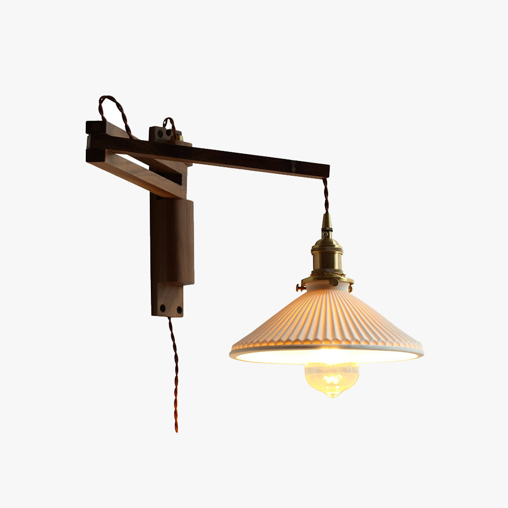 Muto Vintage Dome Ceramic & Wood Wall Lamp – Walnut Finish with Clear Shade